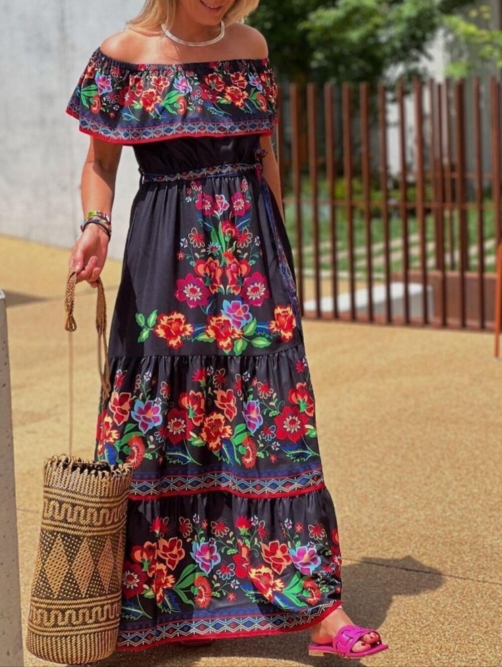 Summer Blossom Ruffle Maxi - Black